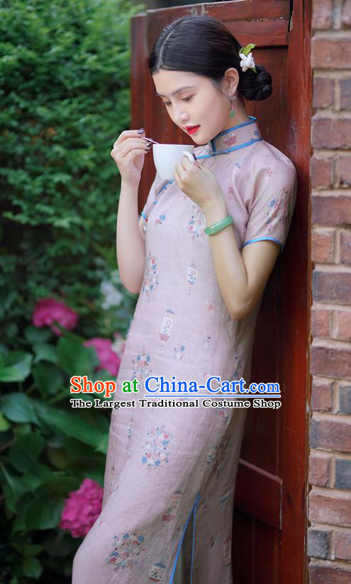 Republic of China Classical Printing Lilac Ramine Qipao Dress Traditional Minguo Shanghai Young Woman Cheongsam