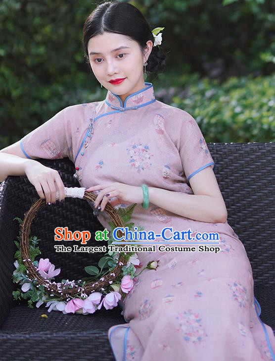 Republic of China Classical Printing Lilac Ramine Qipao Dress Traditional Minguo Shanghai Young Woman Cheongsam