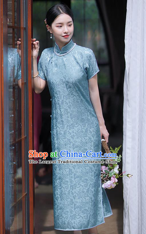 Republic of China Blue Silk Qipao Dress Traditional Minguo Shanghai Lady Classical Squirrel Grape Pattern Cheongsam
