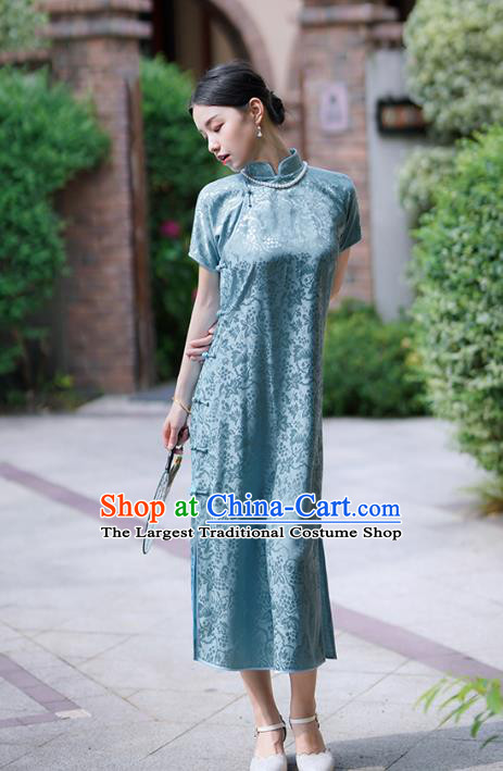 Republic of China Blue Silk Qipao Dress Traditional Minguo Shanghai Lady Classical Squirrel Grape Pattern Cheongsam