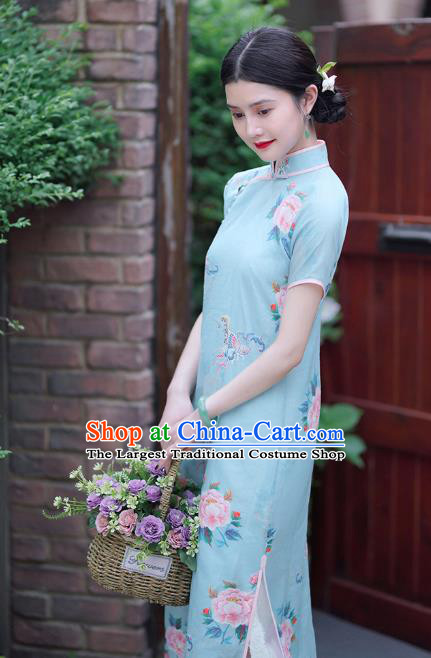 Republic of China Classical Shanghai Printing Qipao Dress Traditional Minguo Lady Blue Ramine Cheongsam