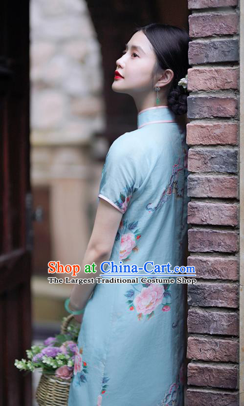 Republic of China Classical Shanghai Printing Qipao Dress Traditional Minguo Lady Blue Ramine Cheongsam