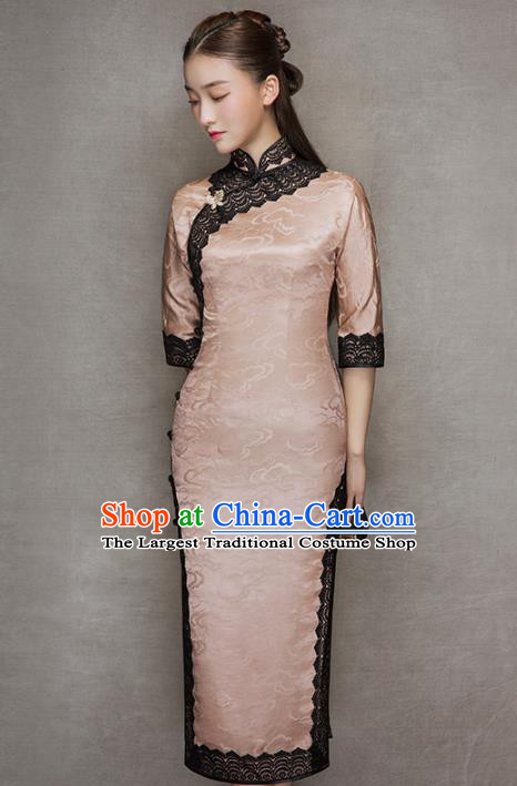 China Traditional Lace Stand Collar Qipao Dress Classical Cloud Pattern Pink Silk Cheongsam