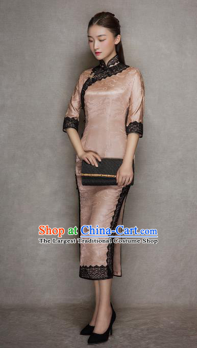 China Traditional Lace Stand Collar Qipao Dress Classical Cloud Pattern Pink Silk Cheongsam