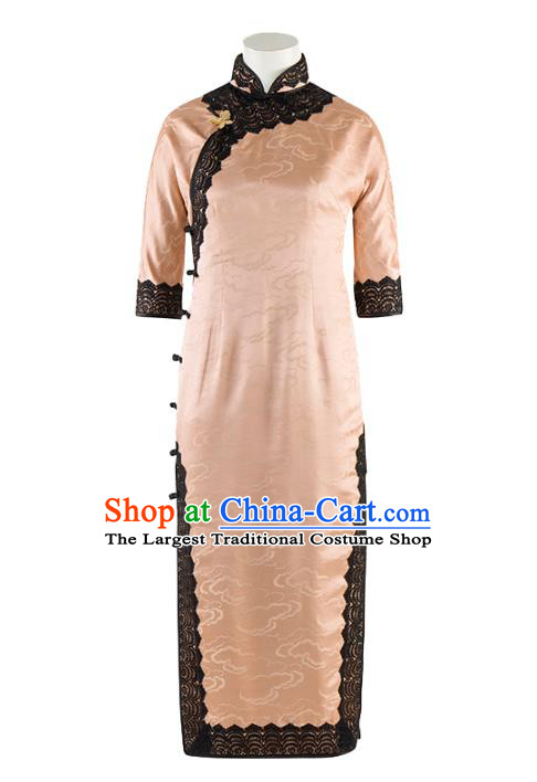 China Traditional Lace Stand Collar Qipao Dress Classical Cloud Pattern Pink Silk Cheongsam
