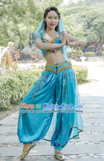 Indian Belly Dance Bollywood Princess Jasmine Blue Top and Pants Uniforms Folk Dance Performance Clothing