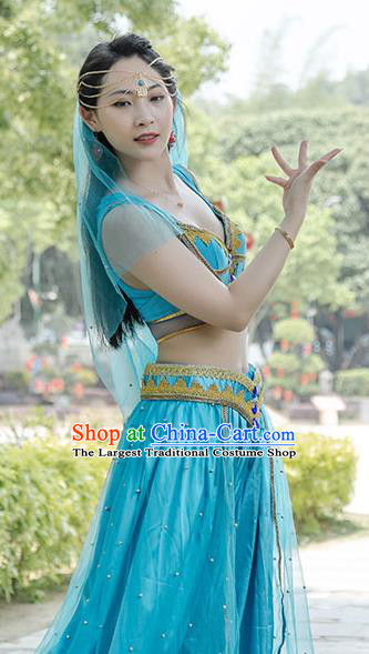 Indian Belly Dance Bollywood Princess Jasmine Blue Top and Pants Uniforms Folk Dance Performance Clothing
