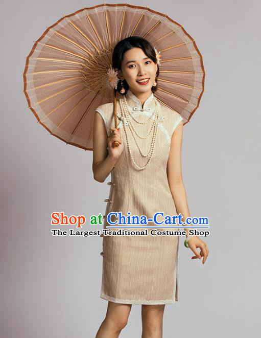 China Classical Dance Cheongsam Traditional Young Lady Apricot Short Qipao Dress