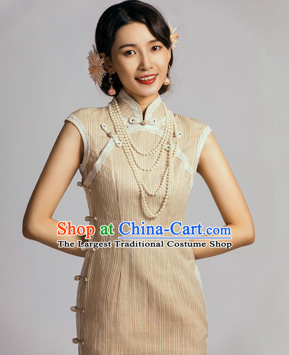 China Classical Dance Cheongsam Traditional Young Lady Apricot Short Qipao Dress