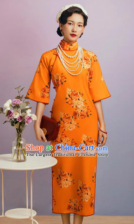China Classical Wide Sleeve Cheongsam Traditional Minguo Shanghai Printing Flowers Orange Qipao Dress