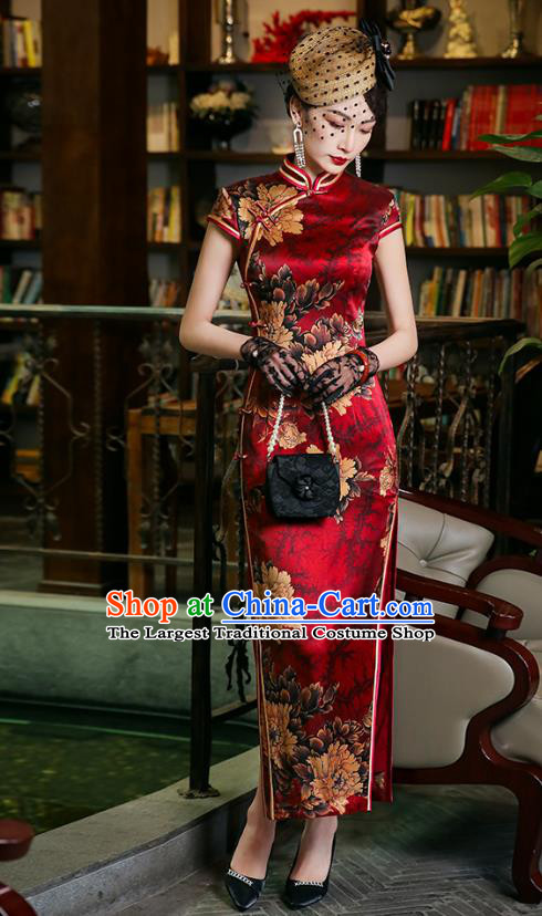 China National Wedding Mother Red Silk Cheongsam Traditional Woman Printing Peony Qipao Dress