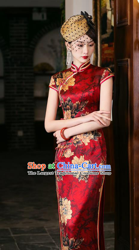 China National Wedding Mother Red Silk Cheongsam Traditional Woman Printing Peony Qipao Dress