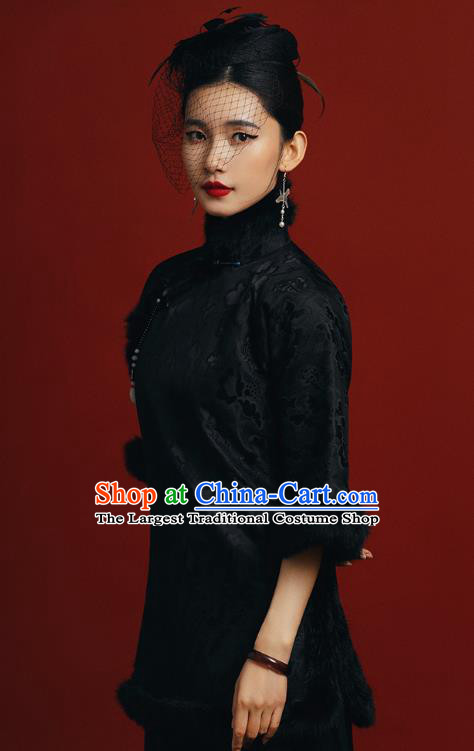 Chinese Tang Suit Overcoat Outer Garment Clothing National Winter Black Silk Cotton Wadded Jacket