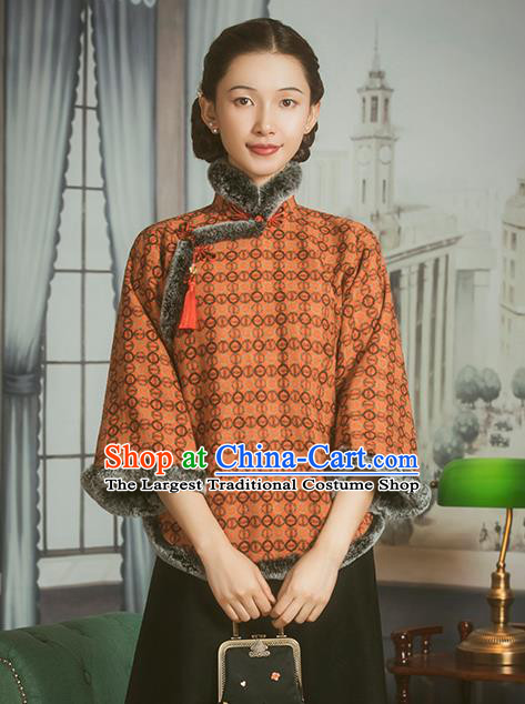 Chinese National Winter Orange Cotton Wadded Jacket Tang Suit Overcoat Outer Garment Clothing