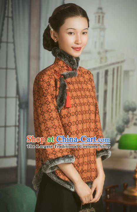 Chinese National Winter Orange Cotton Wadded Jacket Tang Suit Overcoat Outer Garment Clothing