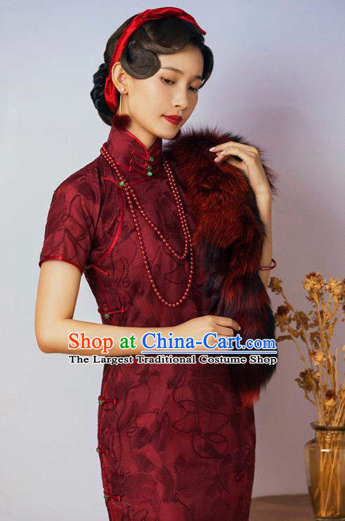 China Classical Upper Outer Garment Cheongsam Traditional Minguo Shanghai Wine Red Silk Qipao Dress