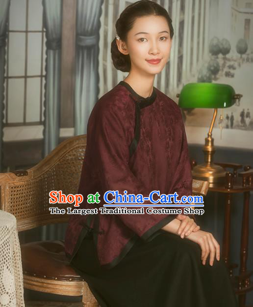 Chinese National Upper Outer Garment Clothing Tang Suit Wine Red Silk Cheongsam Shirt