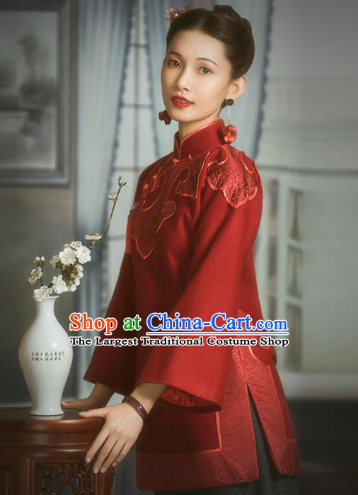 Chinese National Wedding Bride Upper Outer Garment Clothing Tang Suit Embroidered Red Woolen Jacket