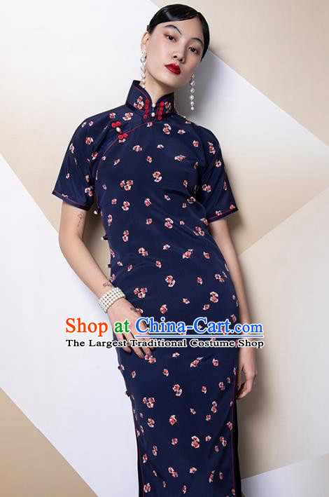 China Classical Navy Silk Cheongsam Traditional Minguo Shanghai Stand Collar Qipao Dress