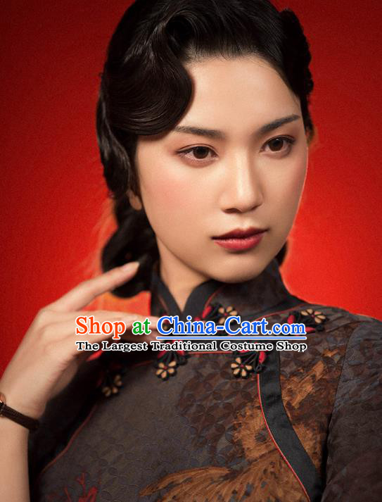 China Classical Gambiered Guangdong Gauze Cheongsam Traditional Minguo Shanghai Woman Deep Brown Silk Qipao Dress