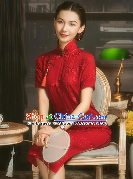 China Classical Wedding Bride Cheongsam Traditional Minguo Shanghai Woman Red Silk Qipao Dress