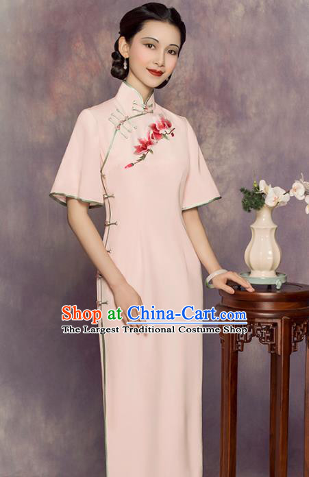China Classical Shanghai Woman Cheongsam Traditional Minguo Embroidered Mangnolia Pink Silk Qipao Dress