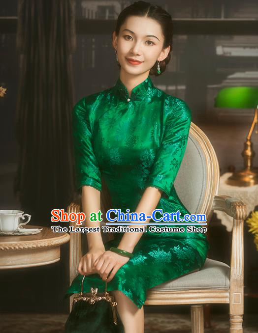 China Classical Green Brocade Cheongsam Traditional Minguo Shanghai Woman Silk Qipao Dress