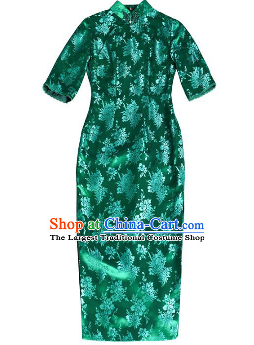 China Classical Green Brocade Cheongsam Traditional Minguo Shanghai Woman Silk Qipao Dress