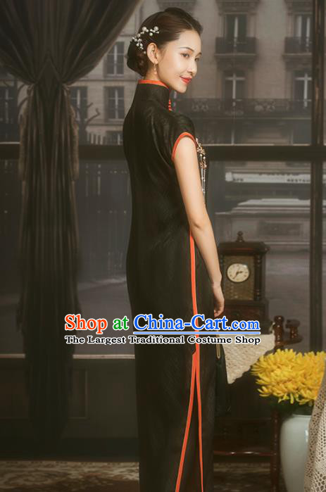 China Classical Stand Collar Cheongsam Traditional Minguo Shanghai Woman Black Silk Qipao Dress