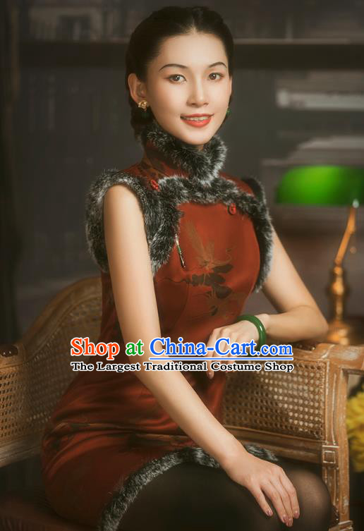 China Classical Crane Pattern Red Silk Cheongsam Traditional Minguo Cotton Wadded Sleeveless Qipao Dress