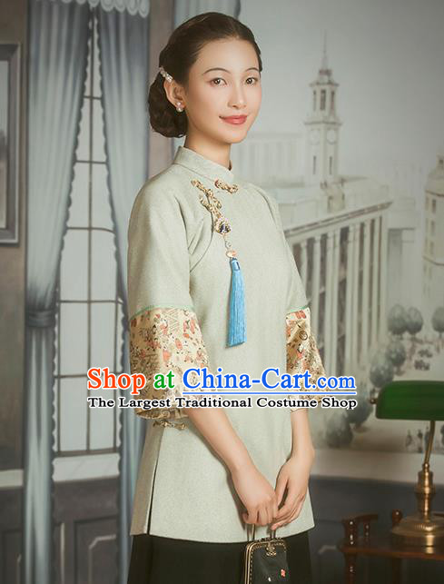 Chinese Woman Woolen Clothing Tang Suit Wide Sleeve Light Green Jacket National Outer Garment
