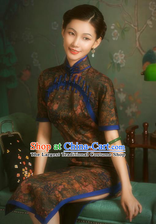 China Classical Front Opening Silk Cheongsam Traditional Minguo Shanghai Brown Gambiered Guangdong Gauze Qipao Dress