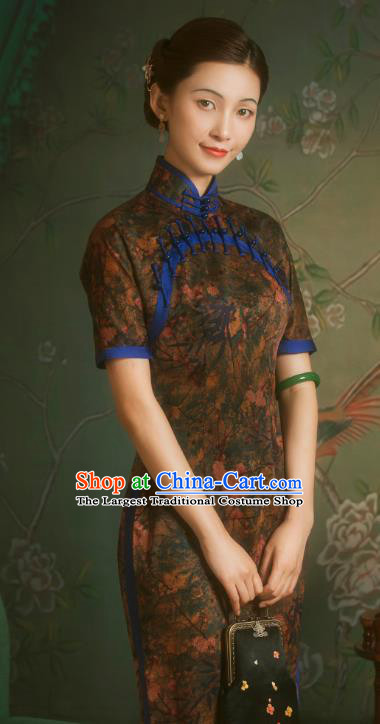 China Classical Front Opening Silk Cheongsam Traditional Minguo Shanghai Brown Gambiered Guangdong Gauze Qipao Dress