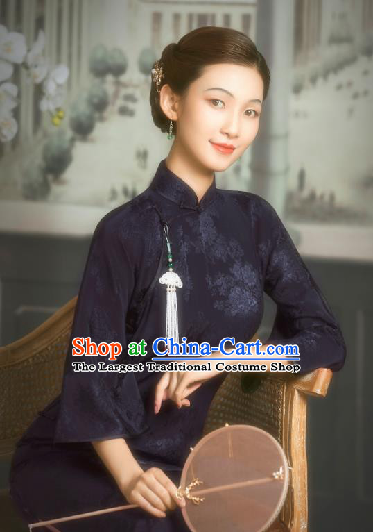 China Classical Old Shanghai Lady Navy Silk Cheongsam Traditional Minguo Wide Sleeve Qipao Dress