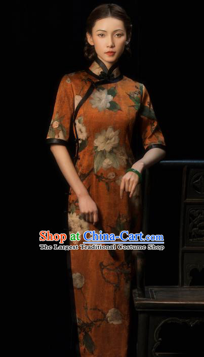 China Classical Printing Flowers Silk Cheongsam Traditional Minguo Gambiered Guangdong Gauze Qipao Dress