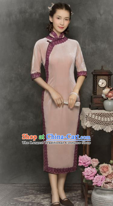 China Classical Pink Velvet Cheongsam Traditional Minguo Young Lady Qipao Dress