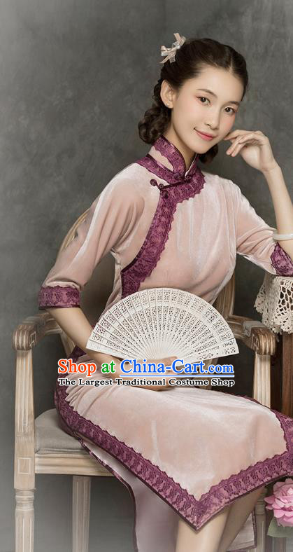 China Classical Pink Velvet Cheongsam Traditional Minguo Young Lady Qipao Dress