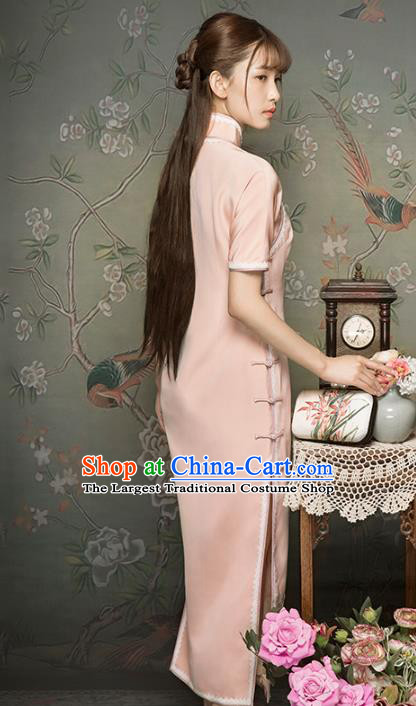 China Classical Embroidered Cranes Cheongsam Traditional Minguo Young Lady Light Pink Qipao Dress