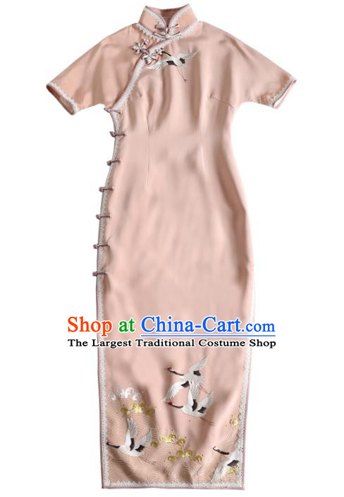 China Classical Embroidered Cranes Cheongsam Traditional Minguo Young Lady Light Pink Qipao Dress