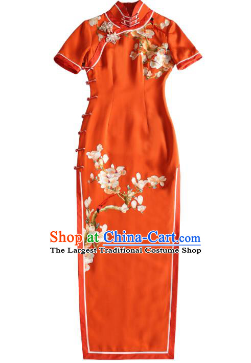 China Classical Cheongsam Traditional Minguo Young Lady Embroidered Mangnolia Red Silk Qipao Dress
