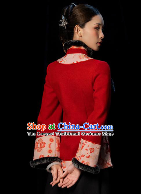 Chinese Tang Suit Red Woolen Jacket National Woman Outer Garment Clothing