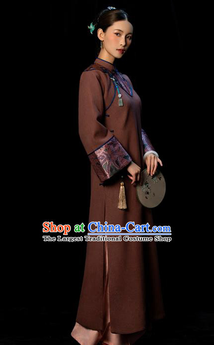 Republic of China Young Woman Cheongsam Traditional Minguo Winter Brown Woolen Qipao Dress