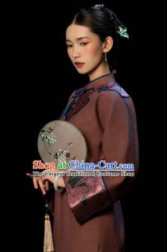 Republic of China Young Woman Cheongsam Traditional Minguo Winter Brown Woolen Qipao Dress