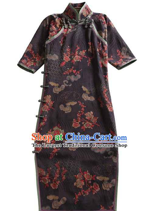 Republic of China Young Woman Deep Brown Silk Cheongsam Traditional Minguo Beijing Qipao Dress
