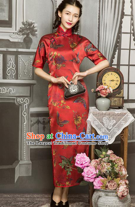 Republic of China Classical Butterfly Pattern Silk Cheongsam Traditional Minguo Wedding Mother Red Qipao Dress