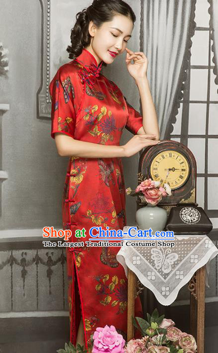 Republic of China Classical Butterfly Pattern Silk Cheongsam Traditional Minguo Wedding Mother Red Qipao Dress