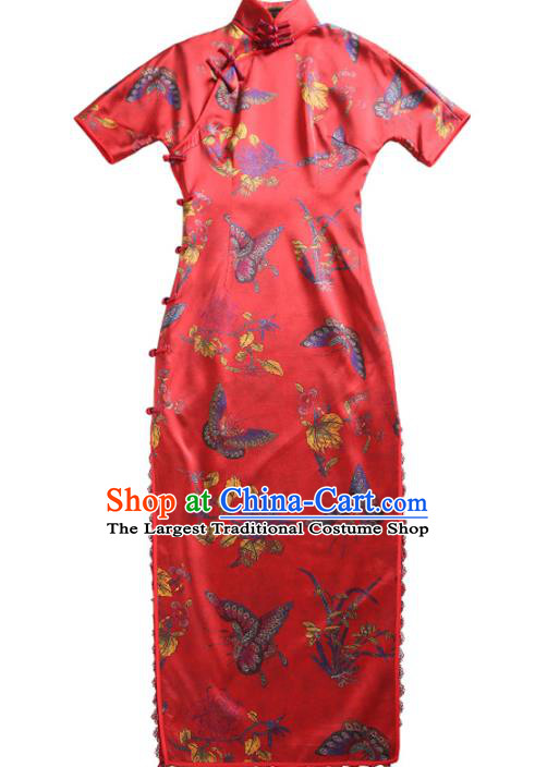 Republic of China Classical Butterfly Pattern Silk Cheongsam Traditional Minguo Wedding Mother Red Qipao Dress