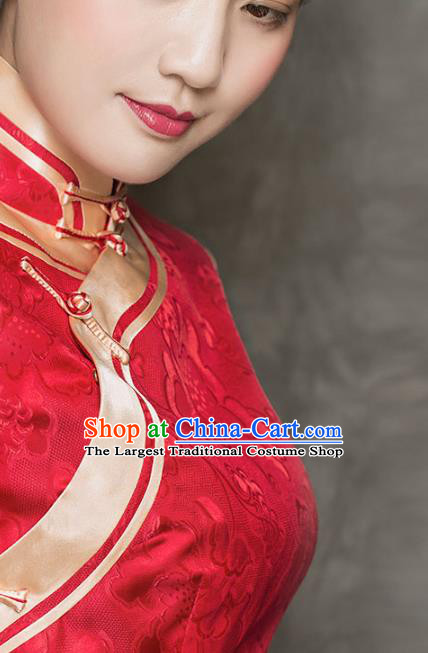 China Modern Red Silk Cheongsam Traditional Wedding Bride Short Qipao Dress