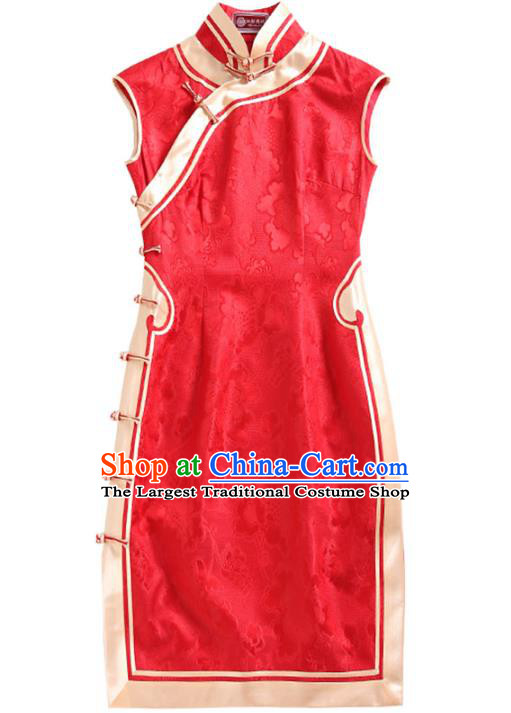 China Modern Red Silk Cheongsam Traditional Wedding Bride Short Qipao Dress