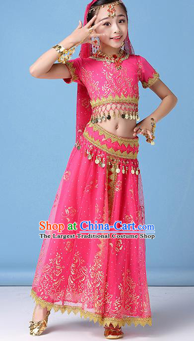 Indian Girls Belly Dance Pink Uniforms Bollywood Performance Top and Skirt Children Dance Clothing